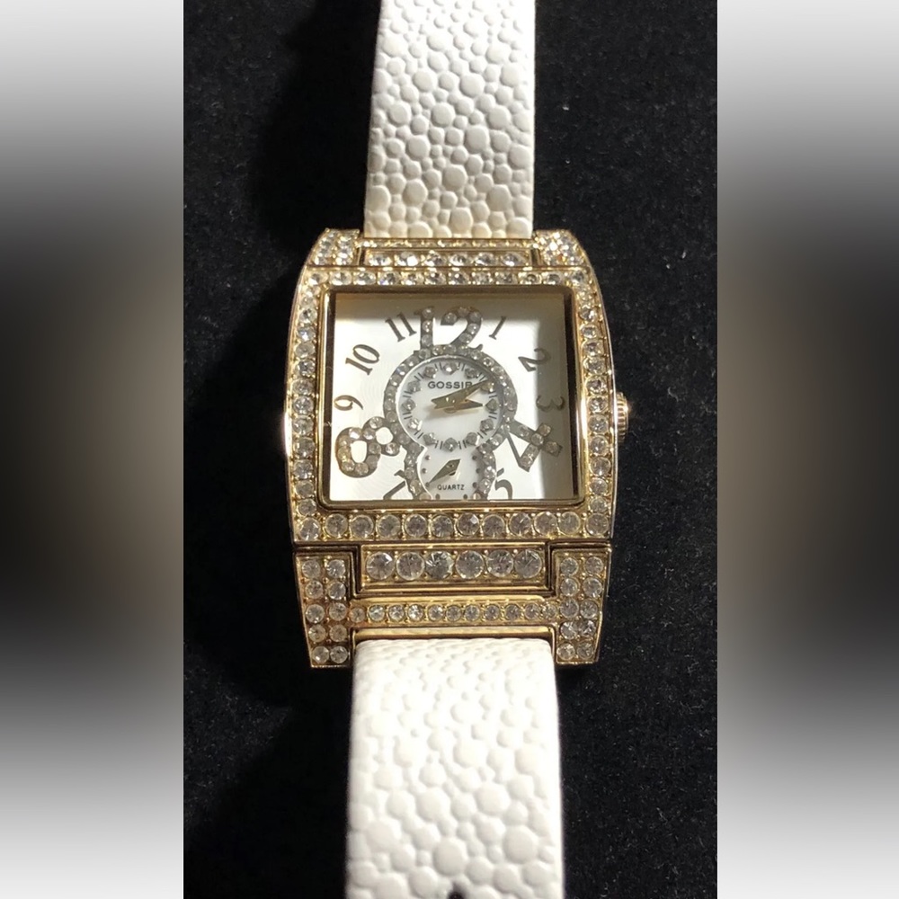 GOSSIP Quartz Rhinestone Encrusted Unisex Watch Gold Toned W/White Leather Band